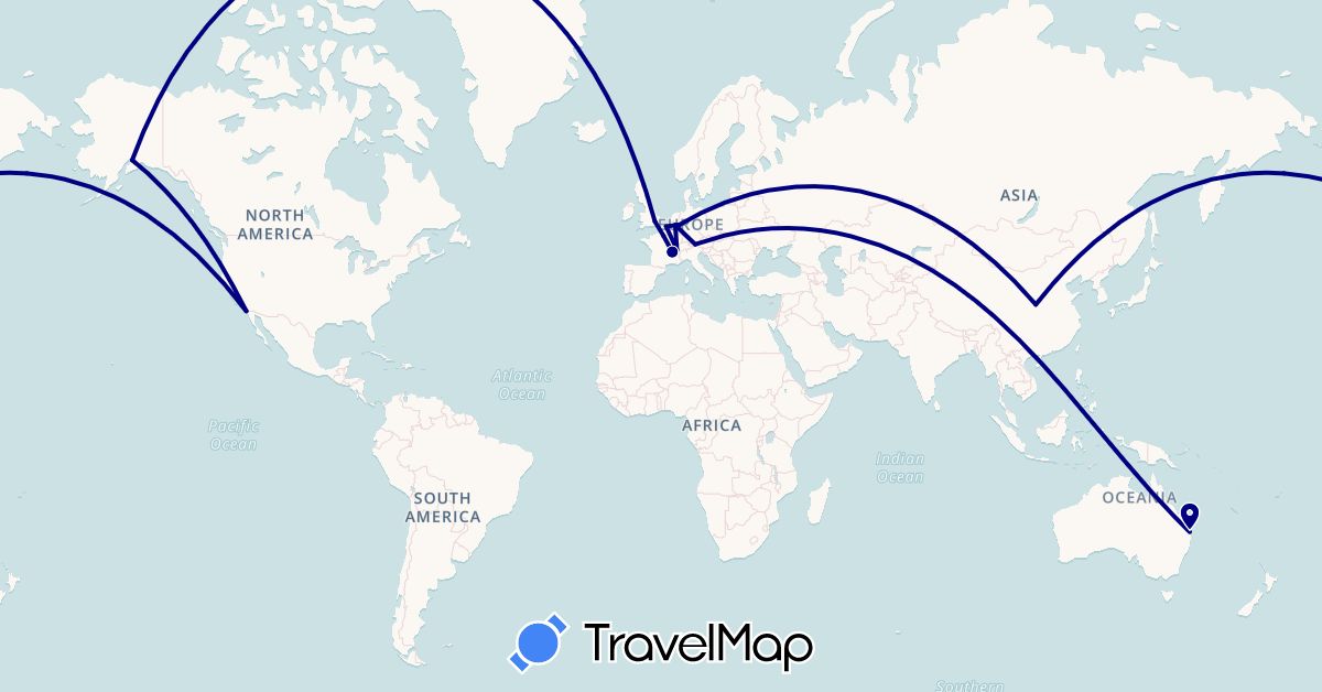 TravelMap itinerary: driving in Austria, Australia, Switzerland, China, Germany, France, United Kingdom, Netherlands, United States (Asia, Europe, North America, Oceania)